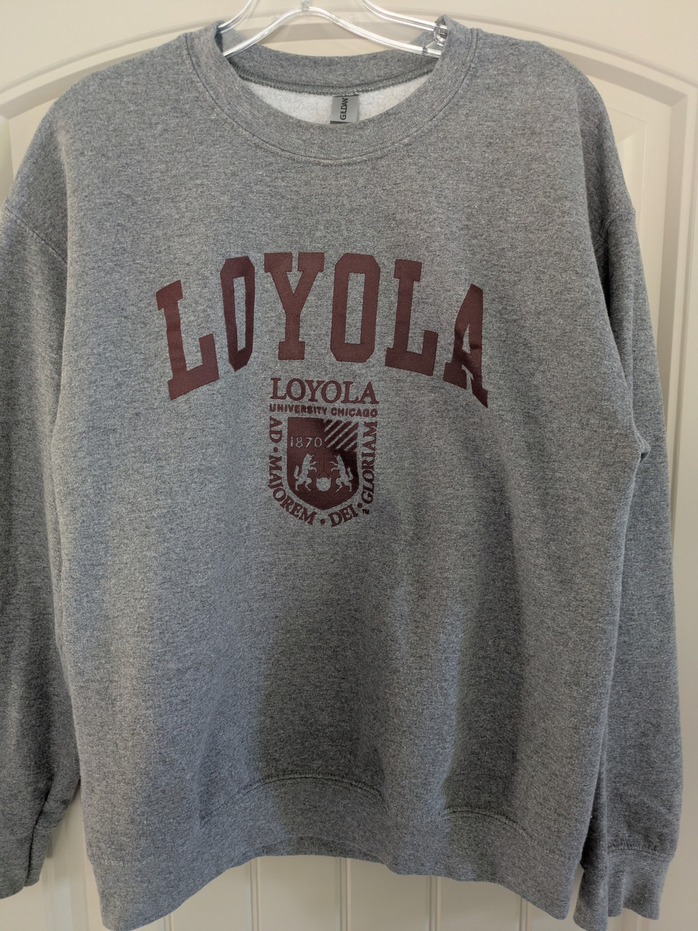 Gildan Collegiate Gray Loyola Crewneck Sweatshirt with Maroon Logo - Picture 3 of 7